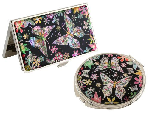 Nacre butterfly Business card holder case Makeup compact mirror gift set  #25