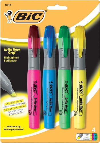 (3) Bic Brite XL Liner Grip Chisel Tip Highlighters Yellow Pink Blue Green NEW