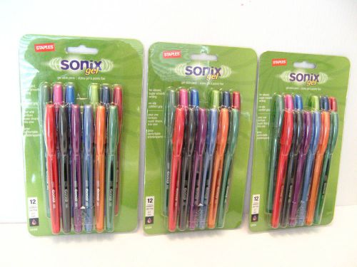 Staples Sonix Gel Stick Pen Pack of 12 Assorted Multi Color 0.7mm 13124 Lot of 3