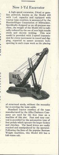 Nov.1936 Harnischfeger Corp.New Model 1-yard &#034;455&#034; Excavator Article
