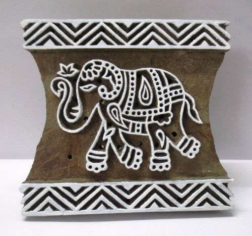 INDIAN WOODEN TEXTILE PRINTING FABRIC BLOCK STAMP ZIG ZAG BORDER ELEPHANT PRINT