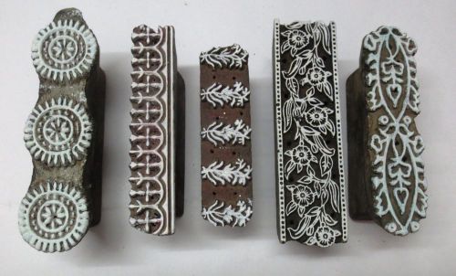 LOT OF 5 INDIAN WOODEN HAND CARVED TEXTILE PRINTING FABRIC BLOCK STAMP BORDERS