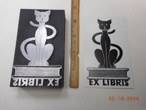 Letterpress Printing Printers Block, Large, Ex Libris, words &amp; Cat Sits on Book