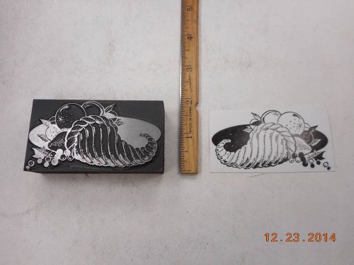 Letterpress Printing Printers Block, Horn of Plenty filled w Fruit, Cornucopia