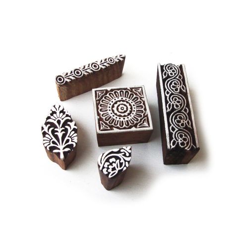 Multi Hand Carved Floral Pattern Wooden Printing Tags (Set of 5)