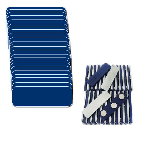 50 BLANK &amp; 50 MAGNET FASTENERS 1 X 3 BLUE / WHITE NAME BADGES TAGS 1/4&#034; CORNERS