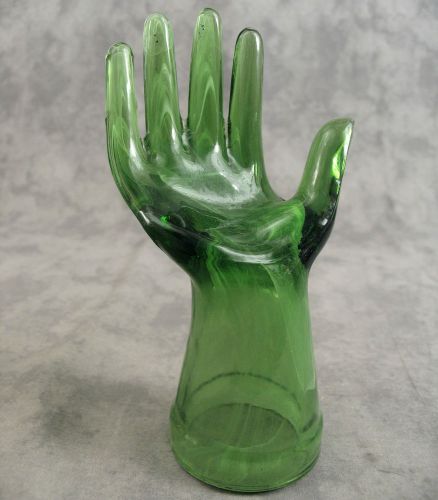 GREEN &amp; OPALESCENT WHITE SLAG GLASS MANNEQUIN JEWELRY RING DISPLAY HAND