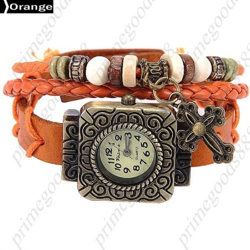 Square Case Cross PU Leather Analog Quartz Lady Ladies Wristwatch Women&#039;s Orange