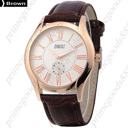 Gold sub dial genuine leather quartz analog free shipping men&#039;s wristwatch brown for sale
