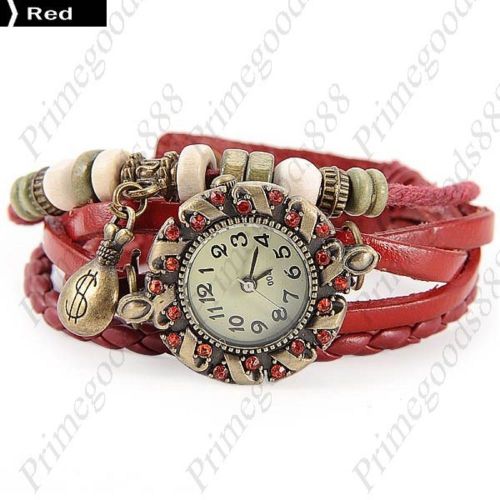 Crook Beads Purse Rhinestone PU Leather Lady Ladies Wristwatch Women&#039;s Red