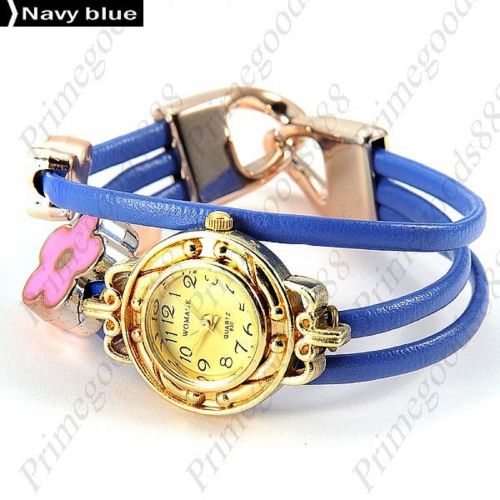 Charm Spaghetti PU Leather Round Analog Quartz Wristwatch Women&#039;s Navy Blue