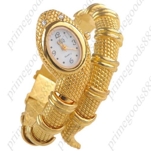 Gold Snake Shaped Analog Bangle Watch Bracelet WristWatch Timepiece for Lady
