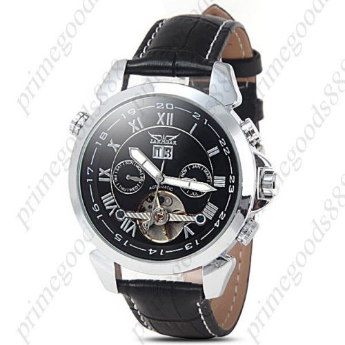 Genuine leather automatic mechanical date men&#039;s free shipping wristwatch black for sale