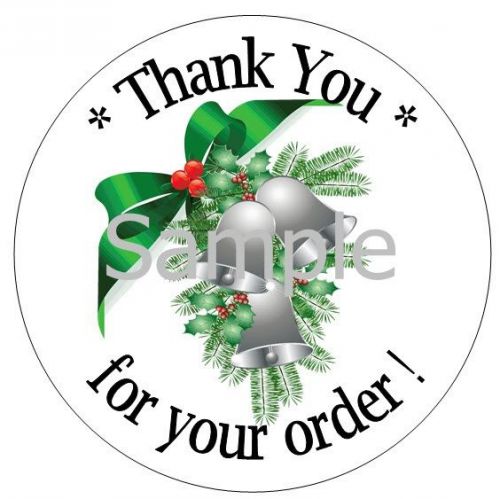 CHRISTMAS BELLS &amp; GREEN RIBBON  #10 THANK YOU  - 1&#034; STICKER / SEAL LABELS