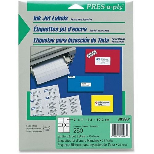 Avery Pres-A-Ply Mailing Label - 4&#034; W x 2&#034; L- 250 / Box - Inkjet - White