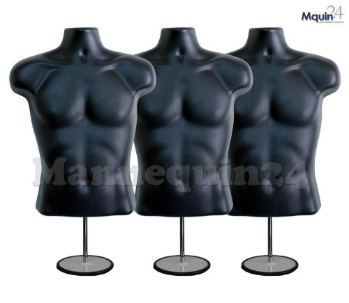 3 Black MALE TORSO MANNEQUIN FORMS w/3 STANDS +3 Hanging Hooks Man&#039;s Clothings
