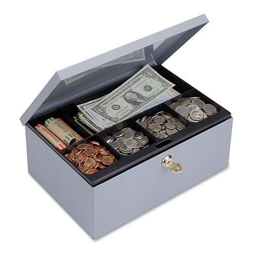 Locking Heavy Duty Steel Cash Box, Gray, 4 3/8&#034;. Sold as Each