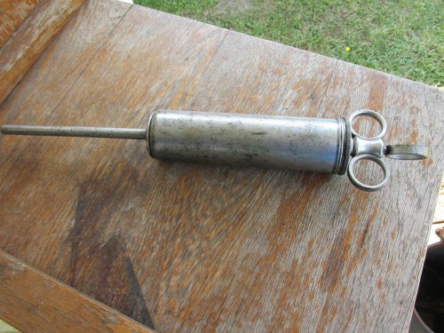 Antique drench gun, pill pusher metal over brass farm animal tool for sale