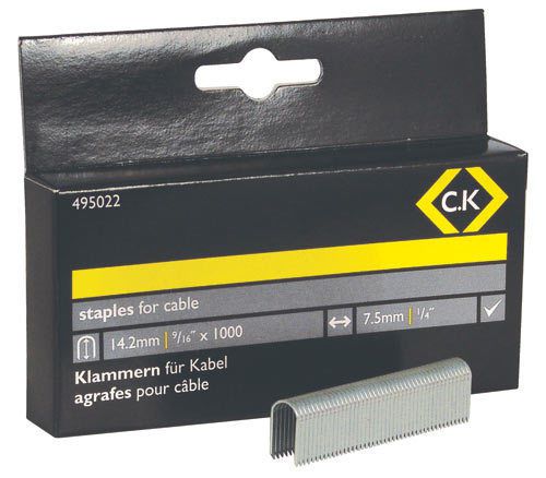 CK Cable Staples 7.5mm Wide x 14.2mm Deep Box Of 1000 for T6227 Tacker 495022