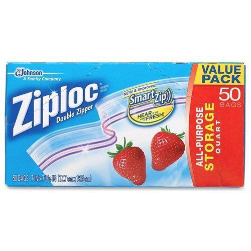 Ziploc® Double Zipper Storage Bags, Plastic, 1qt, Clear, 50/Box