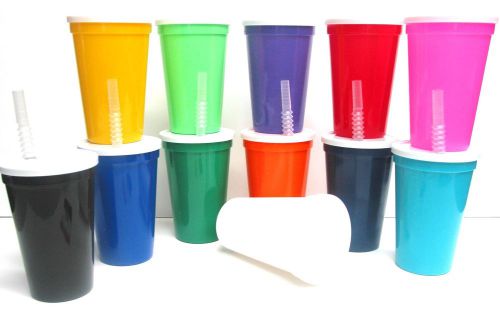 40  -16 Ounce Plastic Drinking Glasses, Lids, Straws, Opaque Colors Mfg. USA