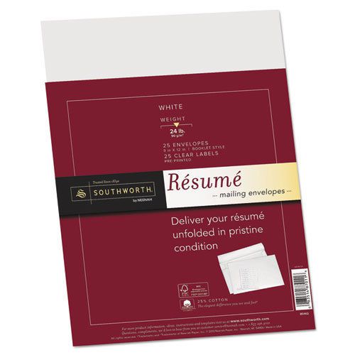 25% cotton resume envelopes,white, 24 lbs., 9 x 12, wove, 25/box for sale