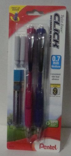 2 * Pentel Twist-Erase Side Click Mechanical Pencils RED/BLUE BARRELS 0.7mm