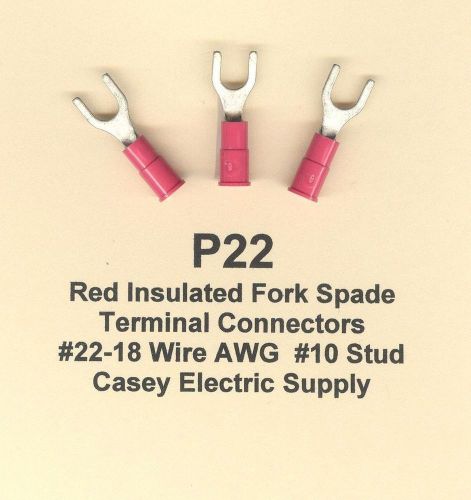 50 red insulated fork spade terminal connectors #22-18 wire awg #10 stud molex for sale