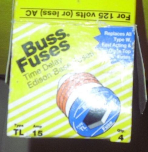 NEW-BUSS FUSES TIME DELAY TYPE TL 15 AMP. EDISON BASE FUSE, 1 box of 4