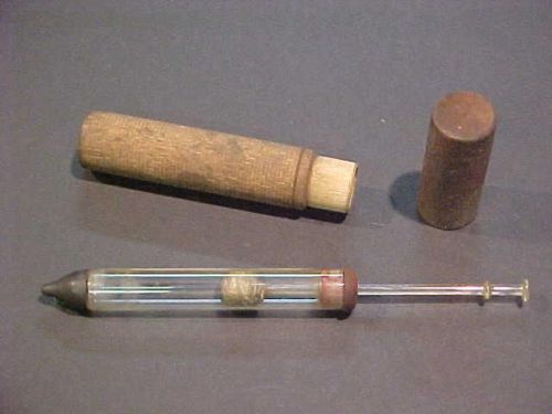 Vintage medical labratory instrument medicine glass syringe wooden case antique for sale