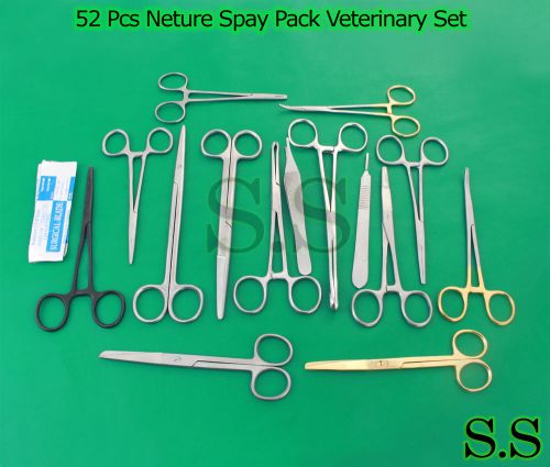 52 PCS NEUTER SPAY PACK VETERINARY SURGICAL INSTRUMENTS GOLD HANDLE BLACK COLOR