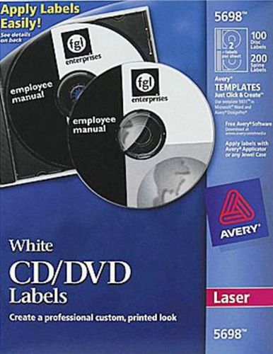 Avery 5698 Permanent Laser CD/DVD Labels, 100 Disk/200 Spine, White