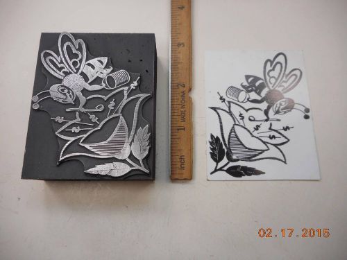 Letterpress Printing Printers Block, Bee dips Nectar frm Flower w Dollar Symbols