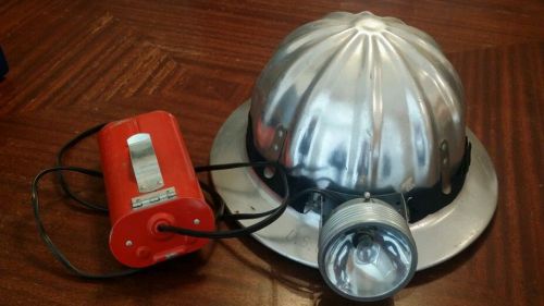 Vintage US government aluminum hard hat, mining, with light and battery pack