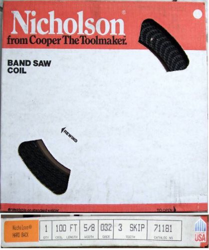 NIB NICHOLSON PREMIUM BANDSAW SAW BLADE 100&#039; COIL 5/8&#034; 3TPI .032&#034; HARDBACK 71181