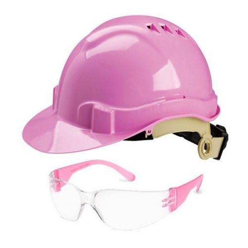 Professional grade ratchet suspension vented pink hard hat &amp; safety glasses for sale