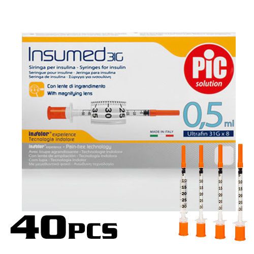 40PCS INSUMED STERILE INSULIN SYRINGES 31G 0.5ML PIC TECHNOLOGY ITALY