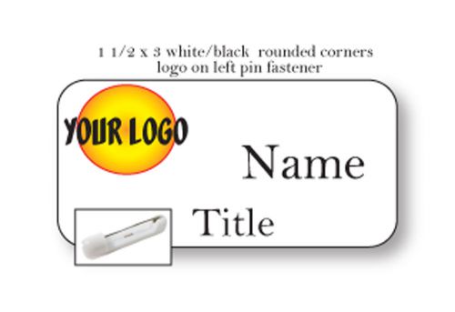 1 WHITE BLACK NAME BADGE COLOR LOGO ON LEFT 2 LINES OF IMPRINT PIN FASTENER
