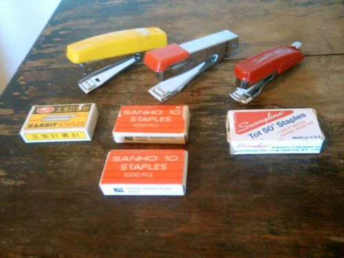 Vtg lot 3 mini staplers &amp; 4 boxes of staples swingline &#034;tot 50&#034; sanko 10 kw #10 for sale