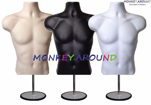 3 Male Mannequin Assorted Torso Form +3 Hook +3 Stand - Display Shirt Pants