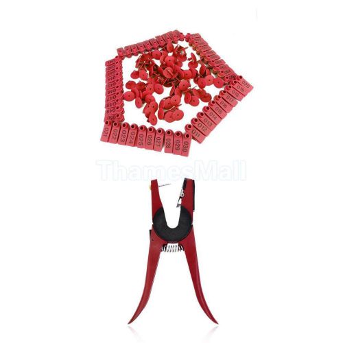 Pig Ear Tag Plier Sheep Cow Applicator Puncher Mark Tagger+ 100Sets Red Ear Tags
