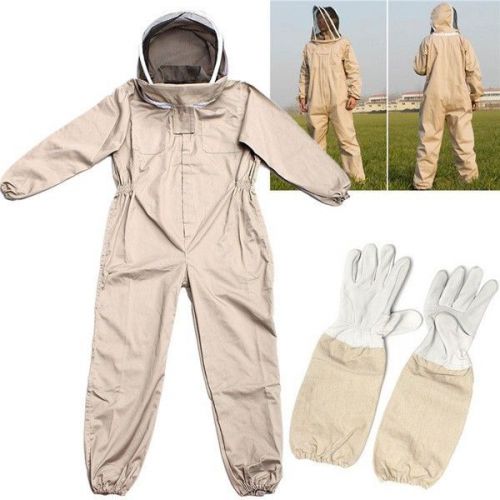 Full Body100% Cotton Bee Keeping Suit Veil Hood  Heavy Duty Leather Gloves