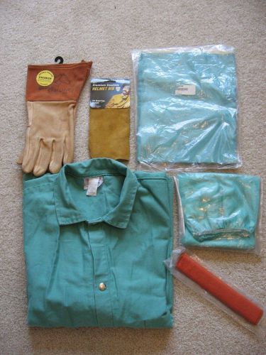 Nos welding tig mig gloves, sleeves, apron, headband, used flame resstnt jacket for sale