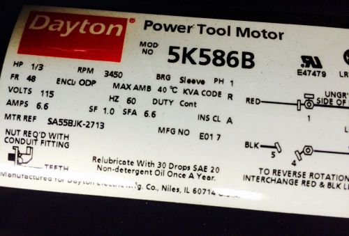 Dayton Electric Motor - 5K586B, 1/3 hp, 3450 rpm, 1 phase, Fr 48, 1/2&#034; shaft