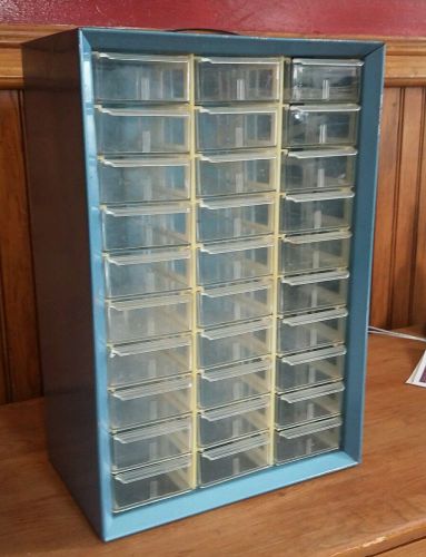 Vintage AKRO-MILS 30 Drawer Blue Metal Storage Cabinet Organizer Parts Bin USA