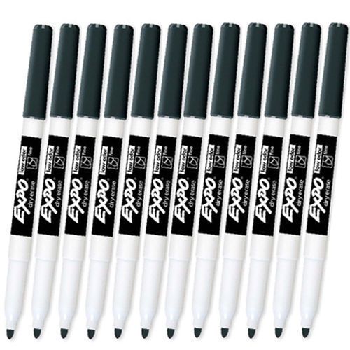 12 EXPO LOW ODOR FINE TIP BLACK DRY ERASE MARKERS / WHITEBOARD MARKERS /1905754