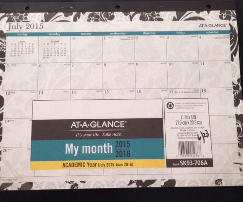 AT-A-GLANCE Monthly Desk/Binder Pad Calendar, Academic Year July 2015- June 2016