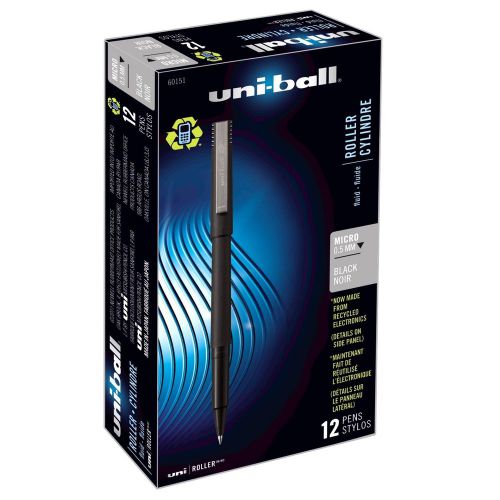 uni-ball Stick Micro Point Roller Ball Pens, 12 Black Ink Pens, 60151, New