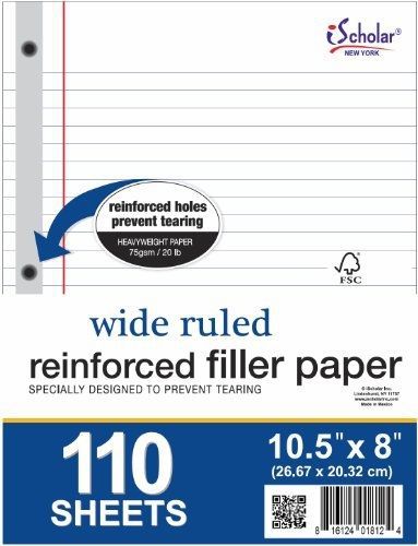 iScholar Reinforced Filler Paper, Wide Ruled, White, 110 Sheets, 8 x 10.5 Inches