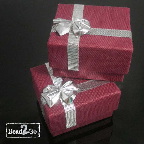 Burgundy Paper Cardboard Earrings Jewelry Gift Box With Silver Bow-knot